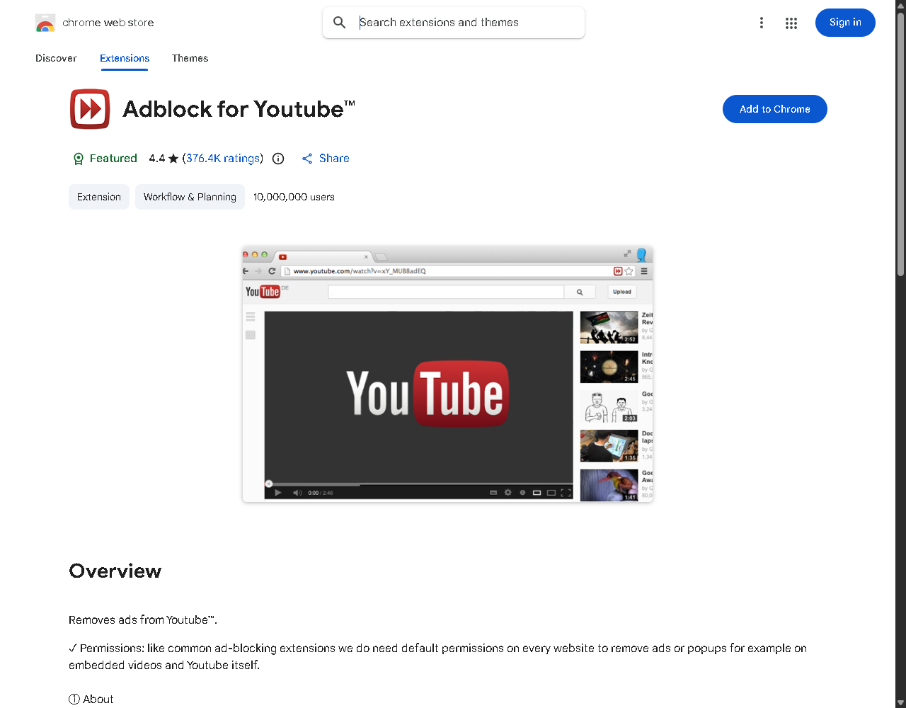 Chrome Web Store listing for 'Adblock for Youtube' showing a Featured badge, 4.4 stars from 376.4K ratings, and 10,000,000 users.