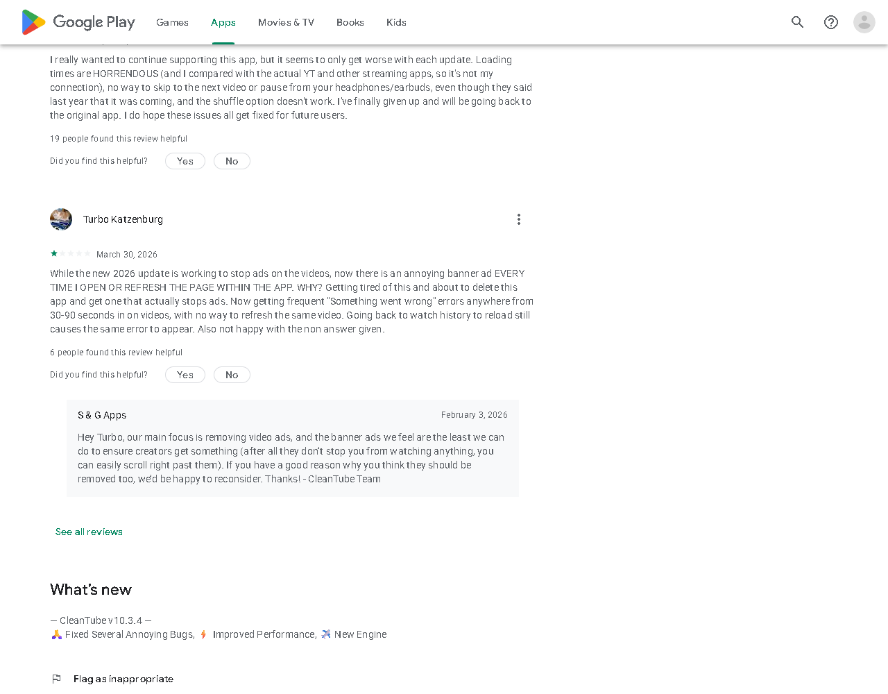 A Google Play review of CleanTube complaining about an in-app banner ad on every refresh, with the developer S & G Apps replying that banner ads are the least they can do to ensure creators get something.