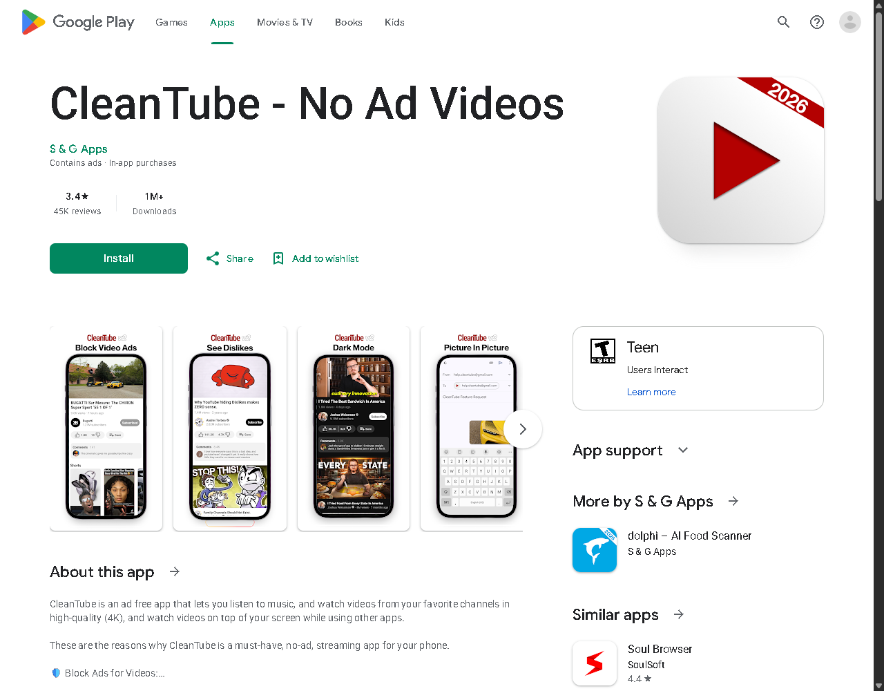 CleanTube on Google Play showing developer S & G Apps, a 'Contains ads' and 'In-app purchases' label, a 3.4 rating, and 1M+ downloads.