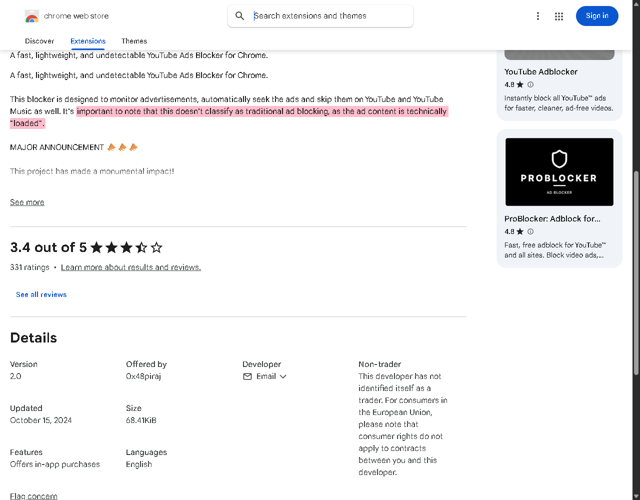 FadBlock's Chrome Web Store description stating the tool seeks and skips ads and that this 'doesn't classify as traditional ad blocking, as the ad content is technically loaded'.