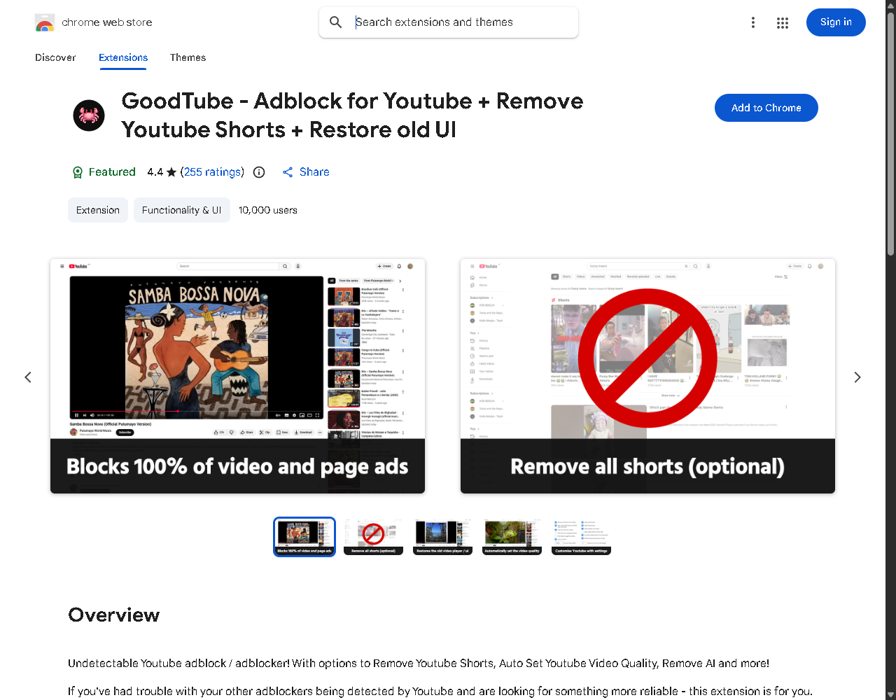 GoodTube's Chrome Web Store listing showing a Featured badge, 4.4 stars from 255 ratings, and 10,000 users.