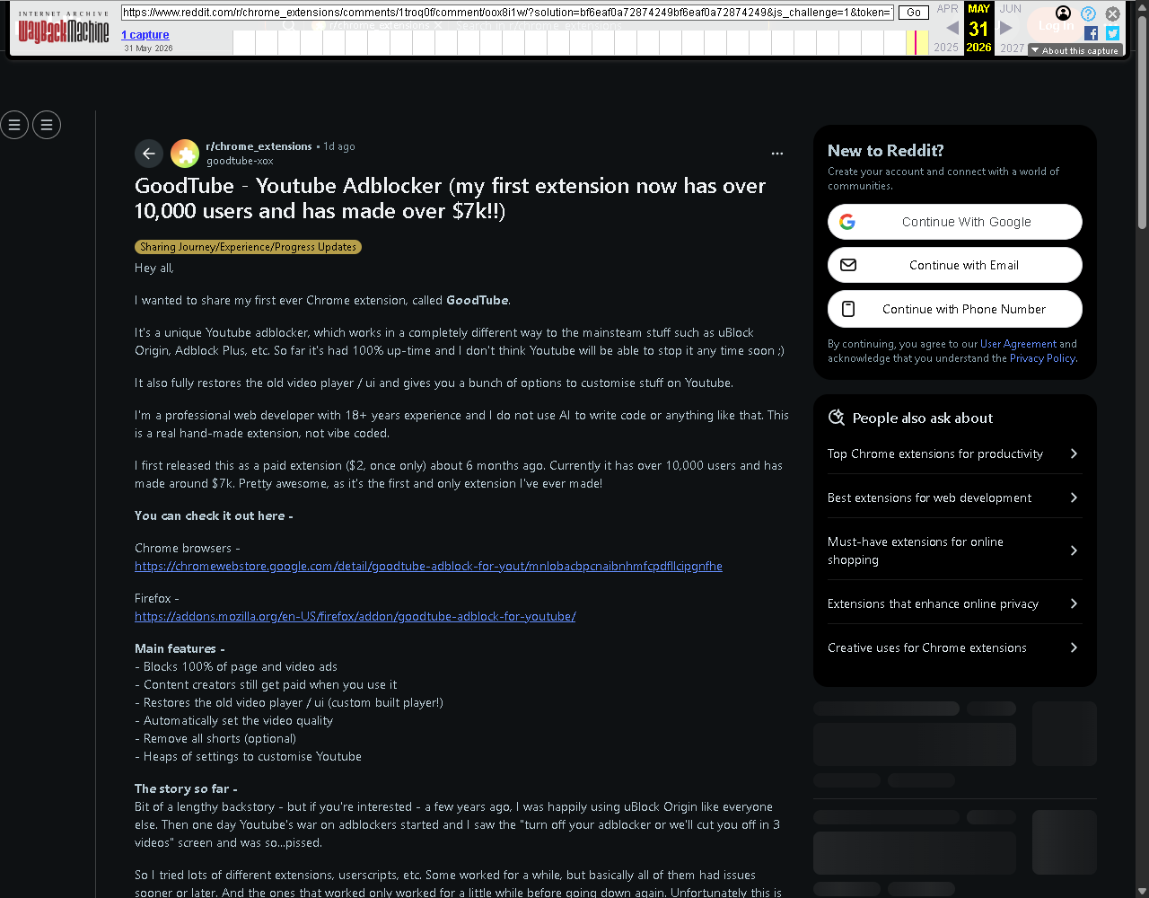 Wayback Machine capture of the GoodTube developer's r/chrome_extensions post titled 'my first extension now has over 10,000 users and has made over $7k', stating it was released as a paid extension at $2 once only.