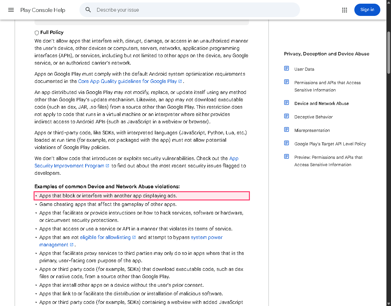 Screenshot of Google Play's Device and Network Abuse policy page listing 'Apps that block or interfere with another app displaying ads' as a violation.